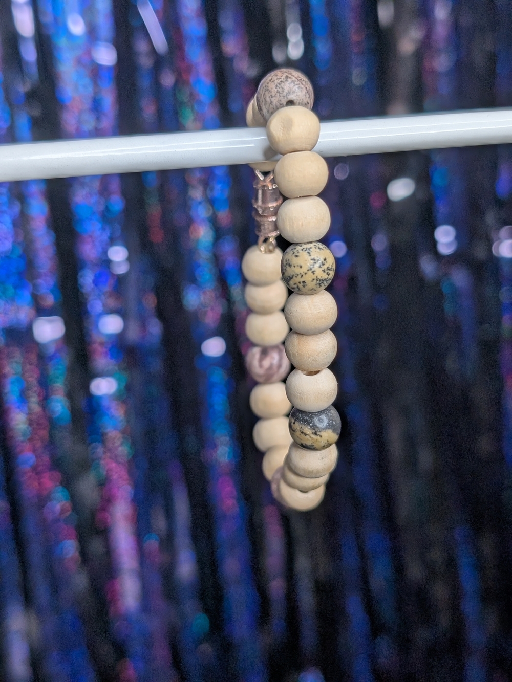 Beaded Natural Wood and Jasper Stretch Bracelet - Neutral